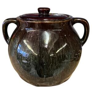 Vintage Hull Pottery Bean Pot Lid Brown Green Drip Glaze USA Made Cottage Gift